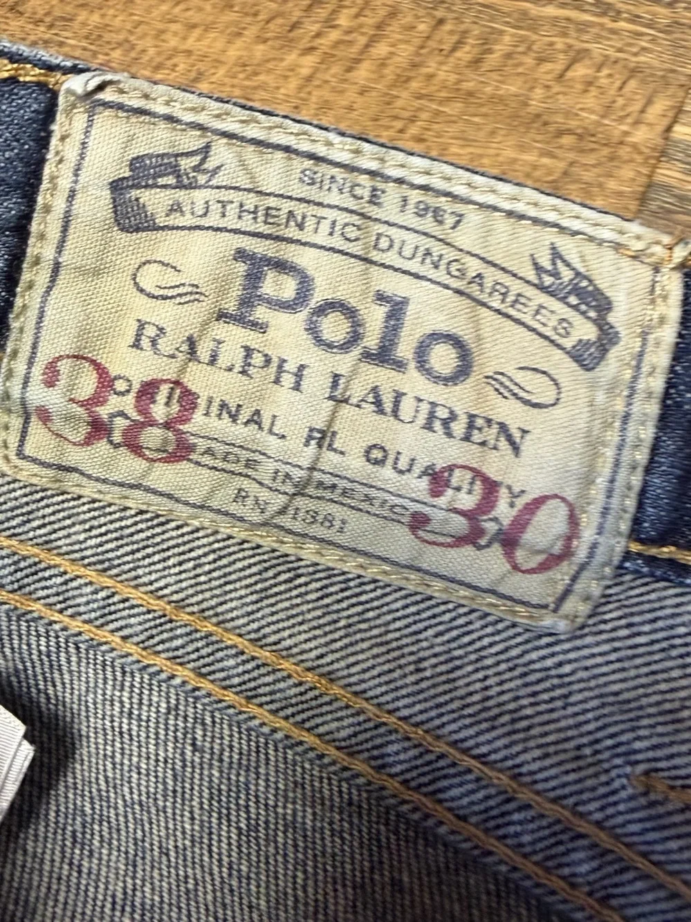 Polo Ralph Lauren Hampton Straight Jeans Men 38x30 Blue Denim Whiskered Distress